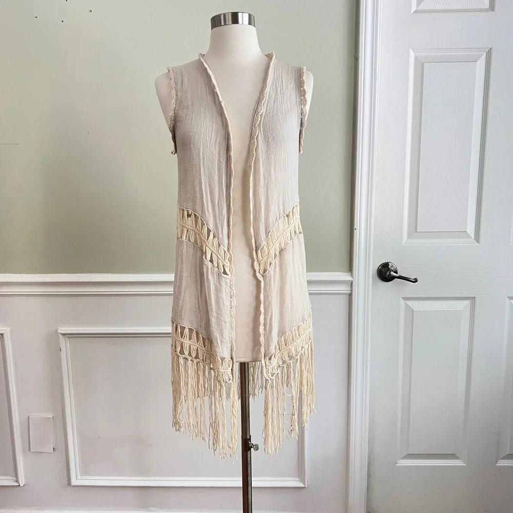 Boho Fringe Vest Womens OS Macrame Crochet Gauze Beige‎ Festival Kimono